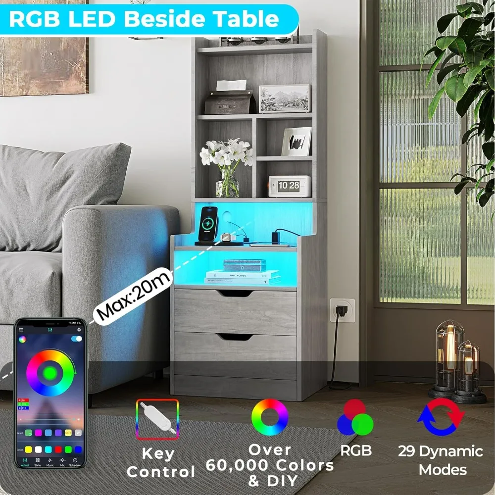 Charging Nightstand Set of 2 with LED Lights, Tall Night Stand with Bookshelf,Bedside Table with Drawers, Side Tables Bedroom 2