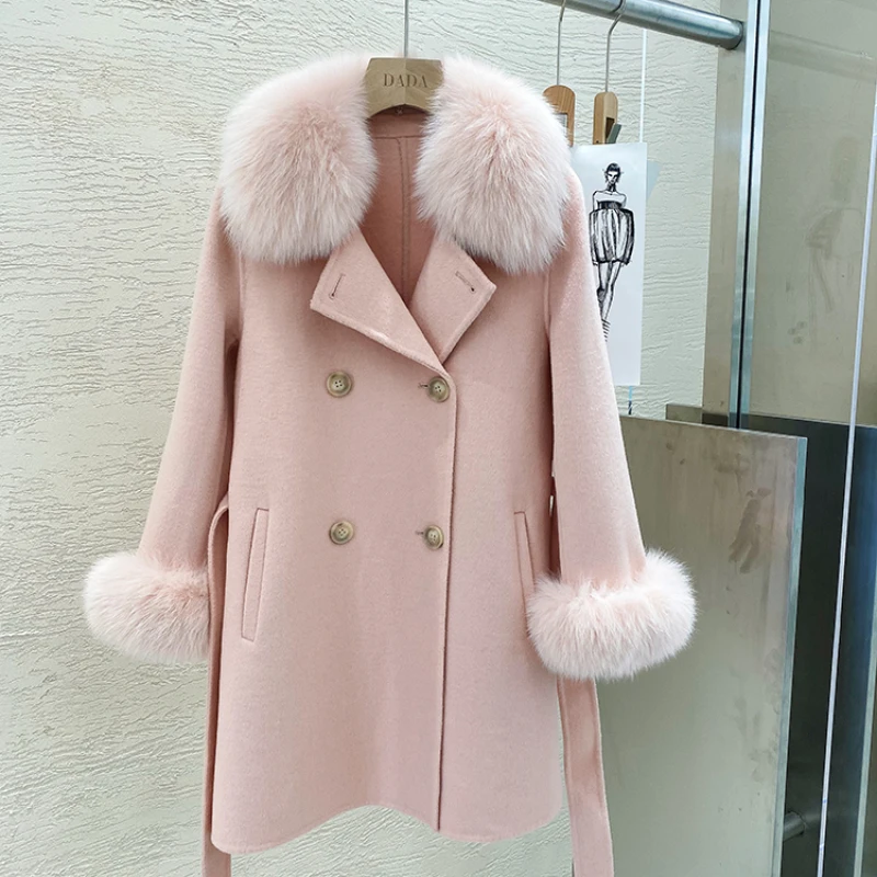 

2023 New Women Double-sided Woolen Fox Real Fox Fur Collar Fashion Cashmere Coat Women's Mid-length Woolen Coat Trench Coat Wint