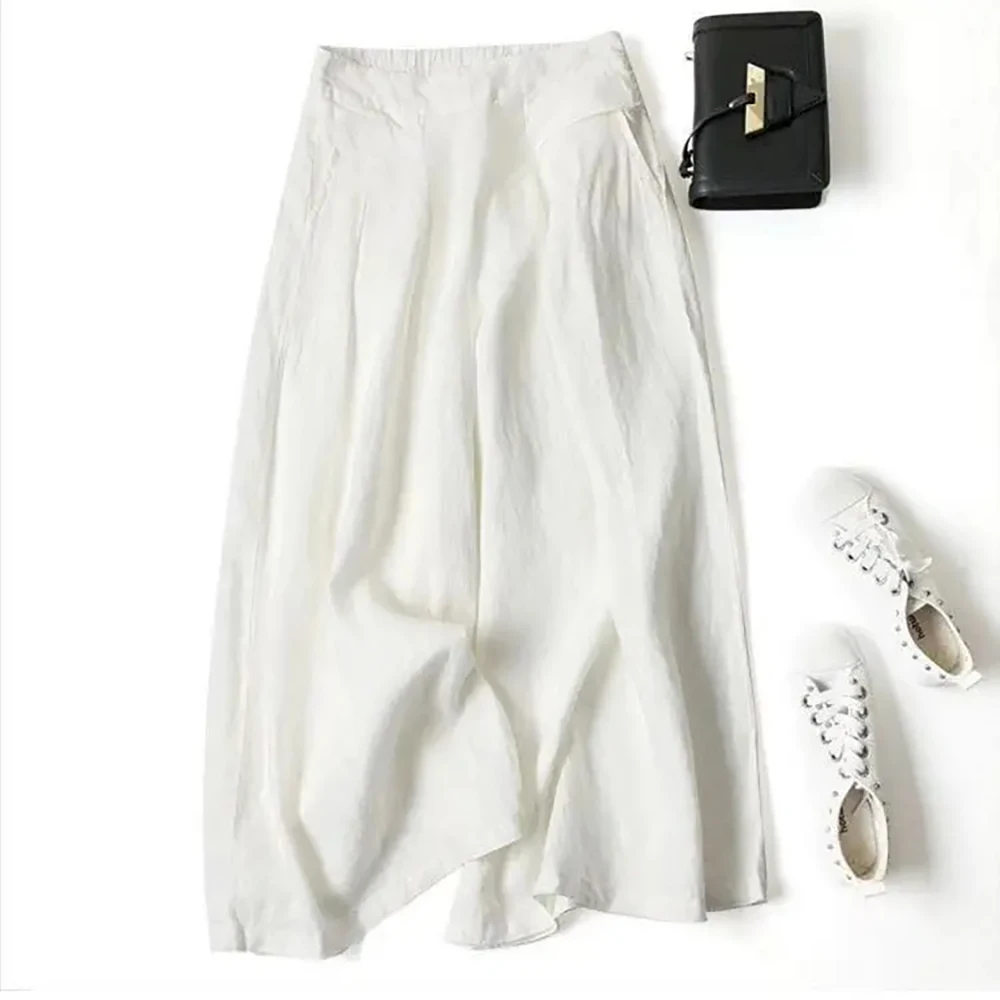 Summer Pants for Women Cotton Linen Large Size Wide Leg Pants Femme Arts Style Elastic Waist Solid Casual Loose Pantalon 4