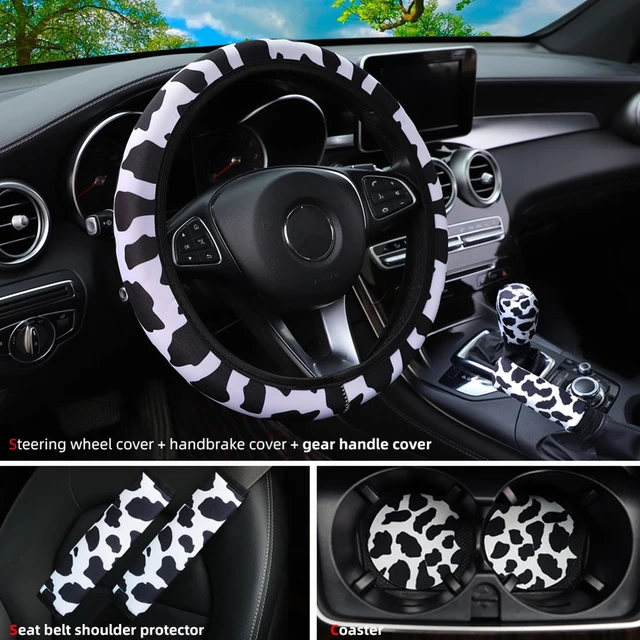 7PCS Universal Cow Print Car Steering Wheel Cover Car Handbrake