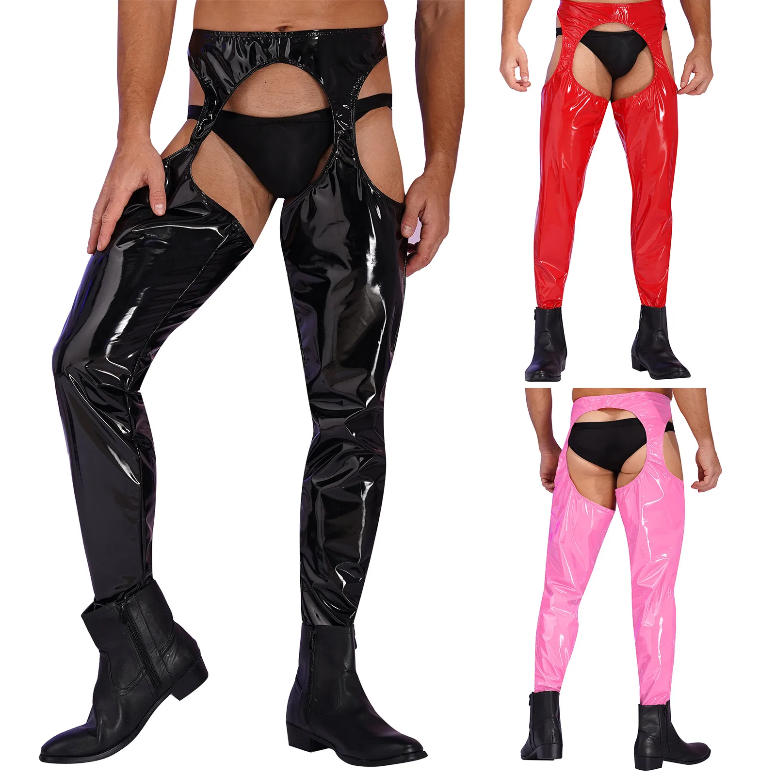 Mens wetlook crotchless open butt pants PVC leather thigh-high tights pants leggings high waist cutout pole dance trousers club