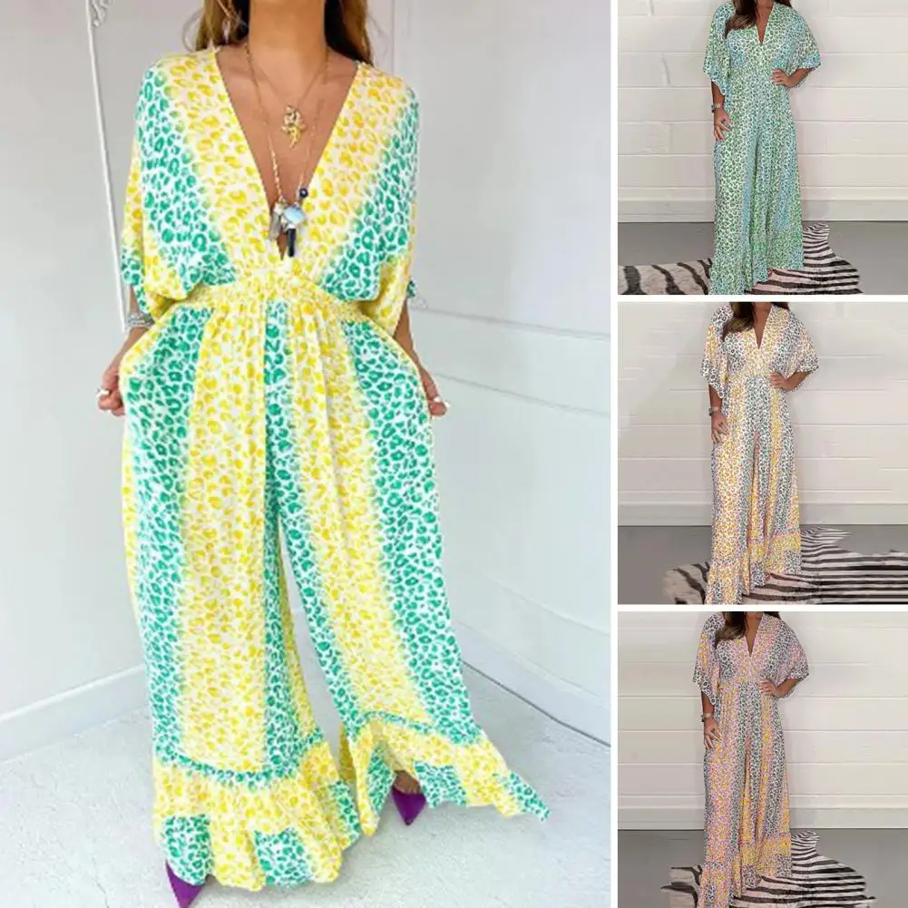 

Ruffle Hem Jumpsuit Leopard Print Ruffle Hem Jumpsuit Stylish Plus Size Summer Party Attire with V Neck Batwing Sleeves Low-cut