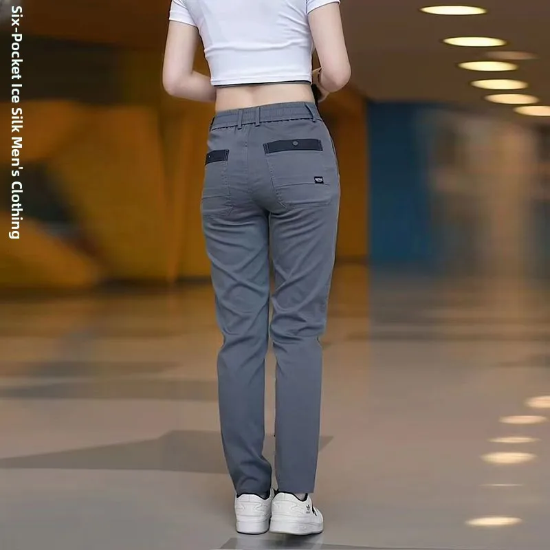Ice Silk High Waist Thin Men's Casual Pants Six kets Faionable Trendy Straight Leg Long Trousers Breathable Summer Wear
