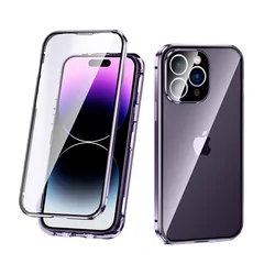 Magnetic Double - Sided Tempered Glass Full Body Case with Lens Protection and Metal Bumper Cover - iPhone 13 Pro Max (PURPLE)