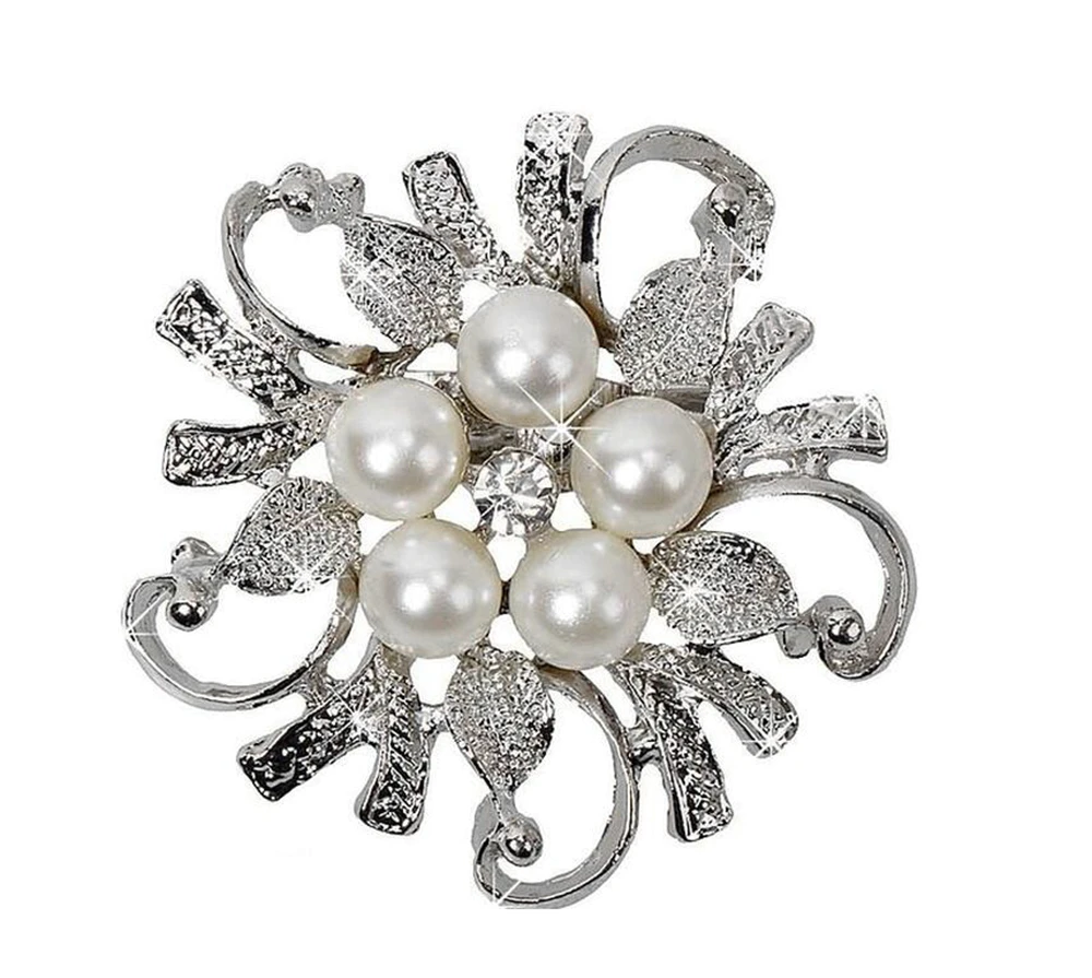 

1.6" Rhodium Silver Plated Vintage Style Ivory Pearl Floral Brooches Women