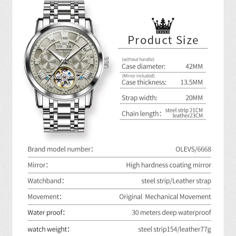 OLEVS 6668 Luxury Skeleton Automatic Mechanical Men Watch Top Brand Movement Roman Scale Calendar Waterproof Business Men Watch 6