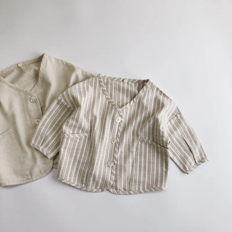Spring Autumn Korean Kids Boys Coat Striped Cotton Linen Long Sleeve Loose Little Boys Cardigan Pocket Buttons Toddler Boy Coat 2