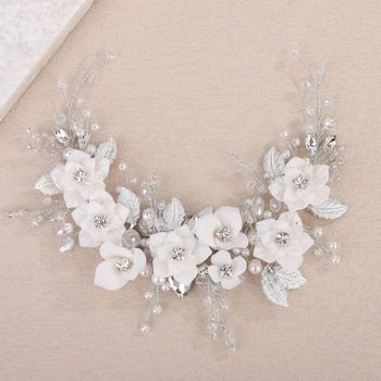 Vintage Flower Leaf Headband for Bridal Hair Ornament Rhinestone Pearl Wedding Hair Accessories Crystal Women Party Headpiece