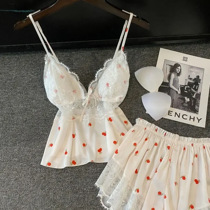 Lace Sexy Women's Pajamas Set Summer New with Chest Pads Ice Silk Suspenders Shorts Sleepwear Two-piece Women's Clothing