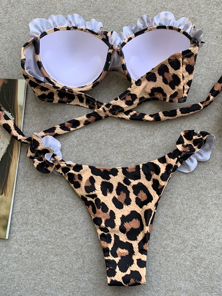 Sexy Leopard Ruffled Bra Cup Bikini 2024 Women Bandeau Swimsuit Female Swimwear Two Pieces Bikini Set High Cut Bathing Suit Swim