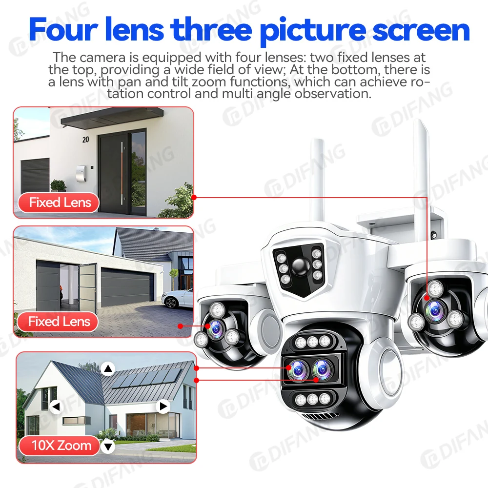 20MP 10X Optical Zoom WiFi Security Cam Four Lens Three Screens Auto Tracking 6K Dual Len Waterproof WiFi CCTV Cam 10K 20MP 4