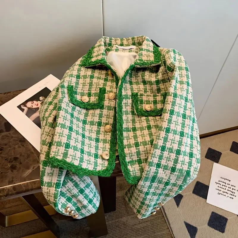

Green Temperament Tweed Jacket Turndown Collar Women Cropped 2023 Autumn Fashion Korean Style Winter Tassel Coat Outerwear Tops