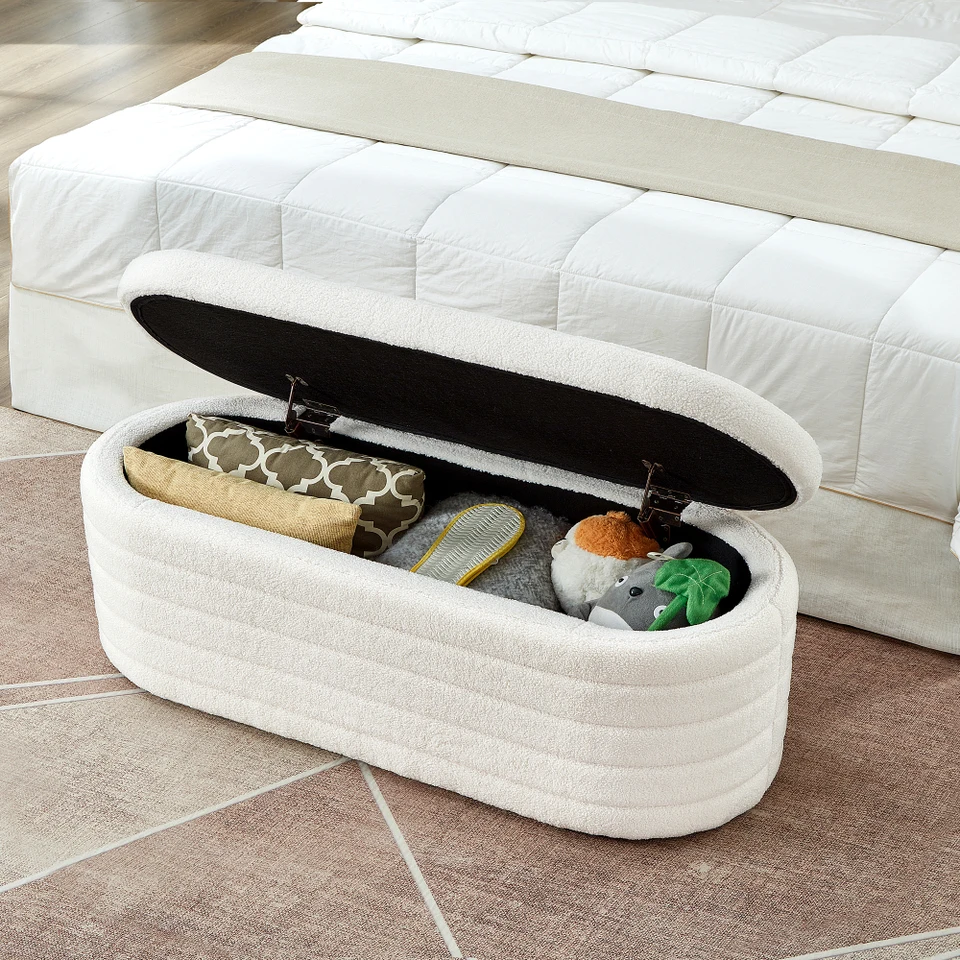 Elegant Oval Storage Ottoman with Teddy Fabric
