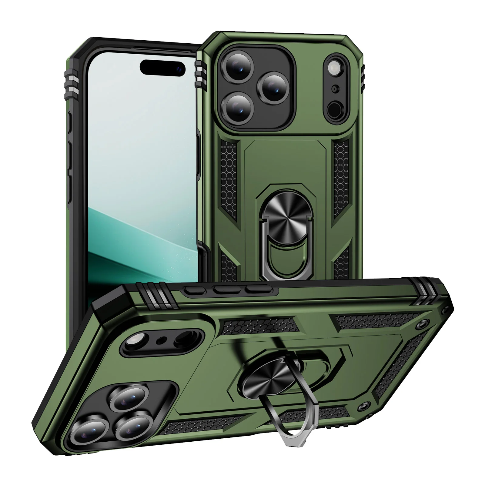 Shockproof Phone Protective Case with Invisible Metal Bracket and Armor Hybrid Ring Cover