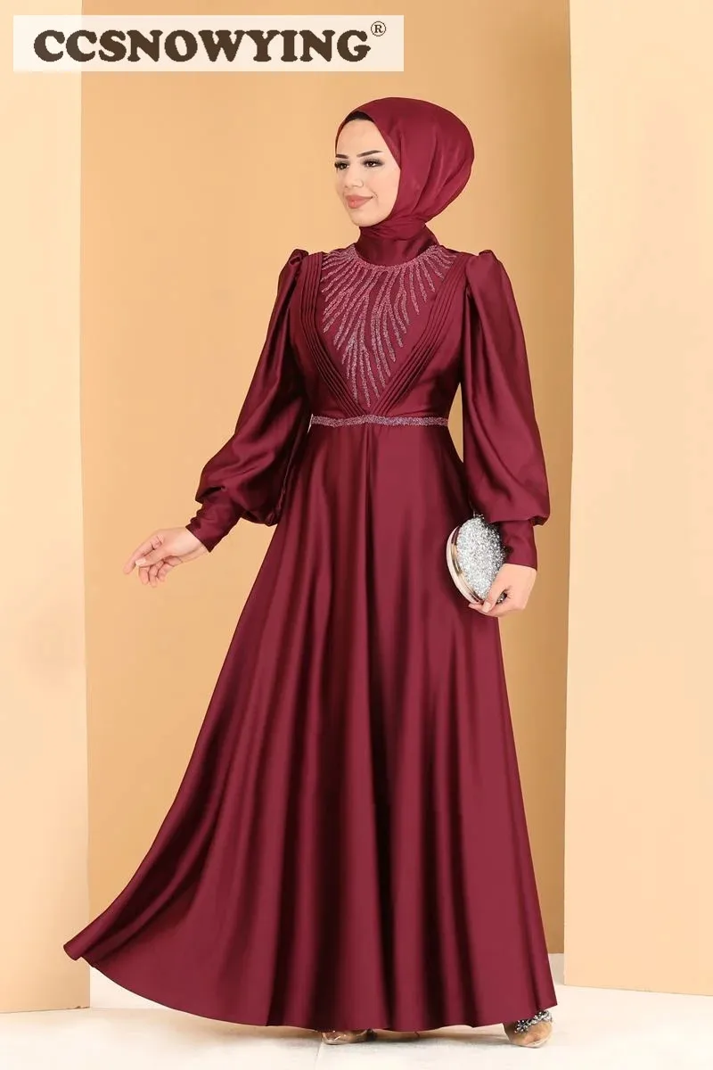 

Rhinestones Fashion Satin High Neck Puffy Sleeve Prom Dress Formal Occasion Dresses Arabic Dubai Kaftan