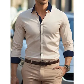 FGKKS Camicia da uomo Moda nuovissima patchwork manica lunga Smart Casual Elastico Camicia da lavoro maschile di qualità quattro stagioni 1