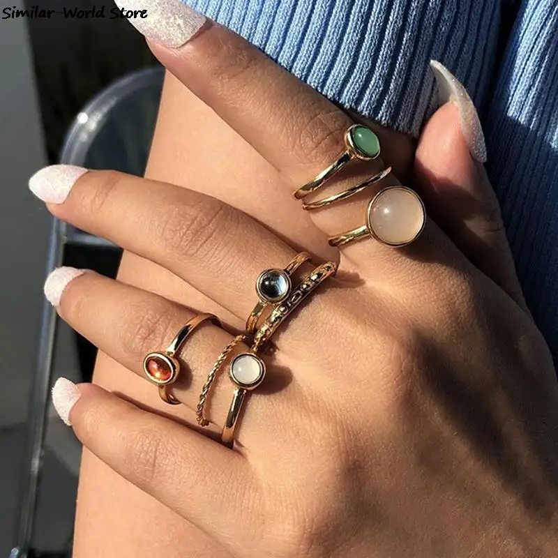 8pcs/set Vintage Colorful Stone Geometry Rings Knuckle Finger Ring Set