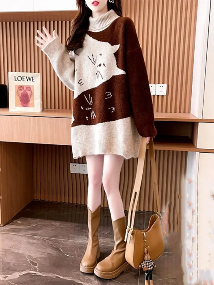 Thickened Cartoon Jacquard High Neck Sweater for Women's 2023 Autumn/Winter New Loose and Age Reducing Mid Length Top