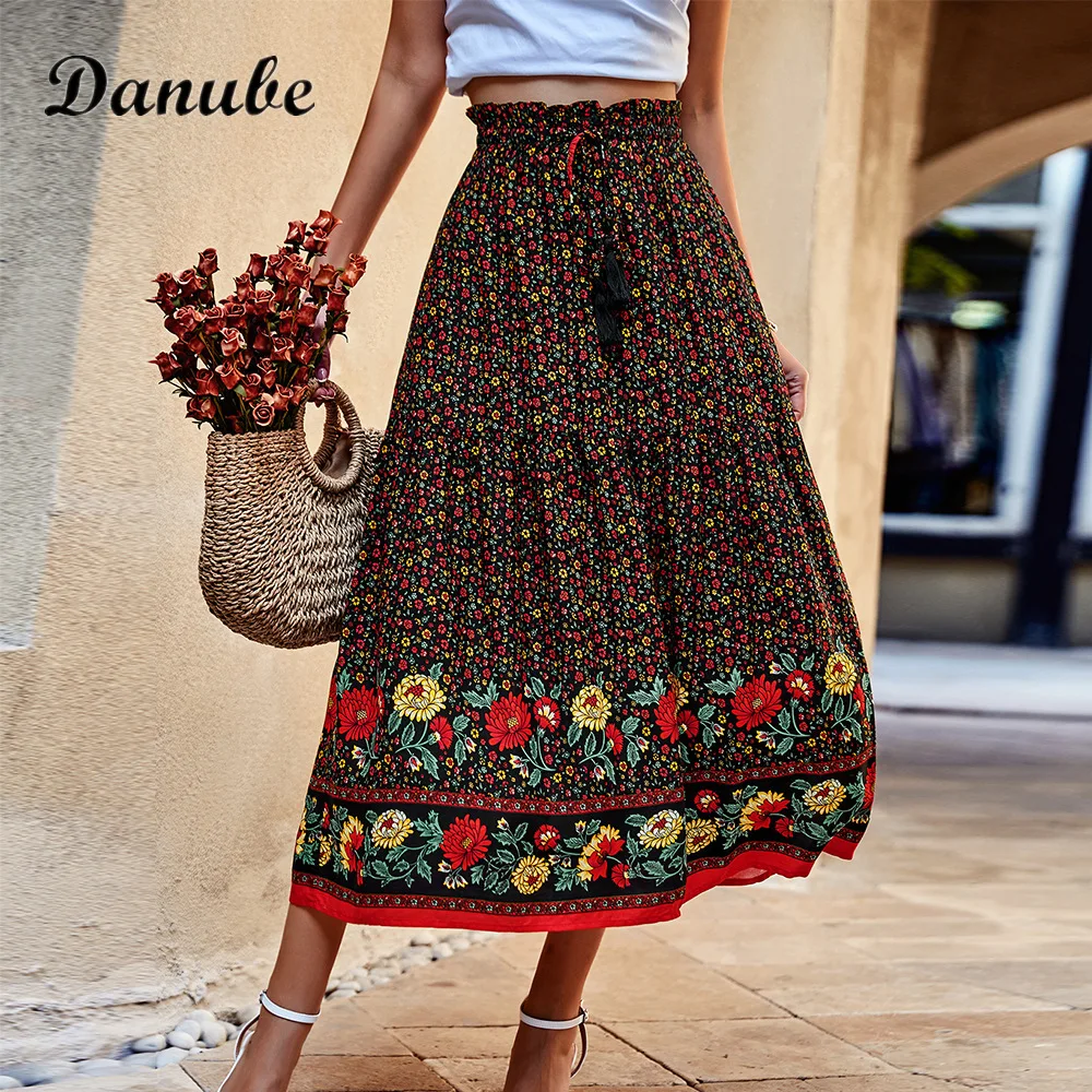 

Summer Floral Print Boho Beach Skirt Women Korean Style Elastic High Waist Chiffon Midi Skirt Female Holiday Casual A-Line Skirt