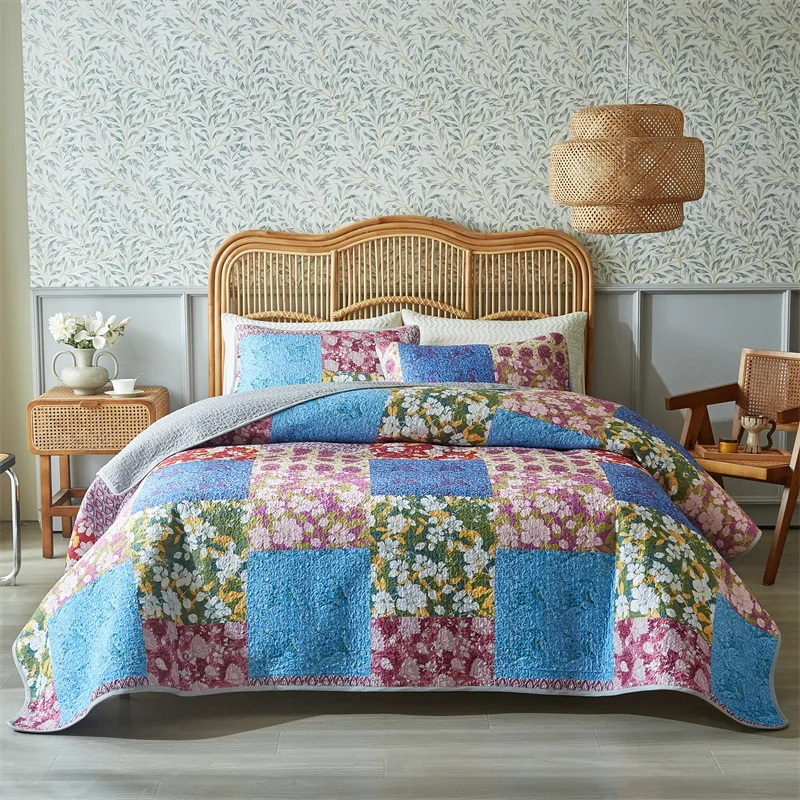 3pcs/set Bedspread Set,American Style Bed Cover+Pillowcase,Pastorl Home Patchwork,Mattress Topper Sheet Blanket Twin King Full