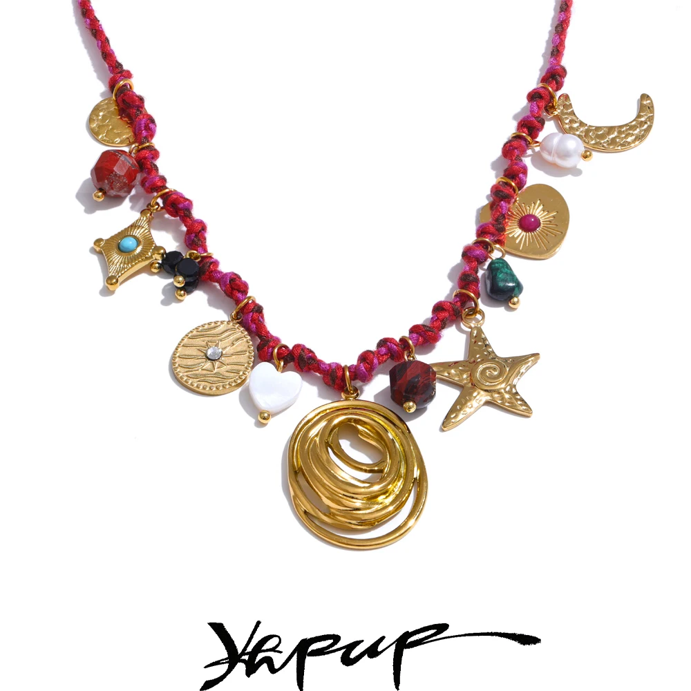 Yhpup Necklace Natural Stone Moon Star Stainless Steel