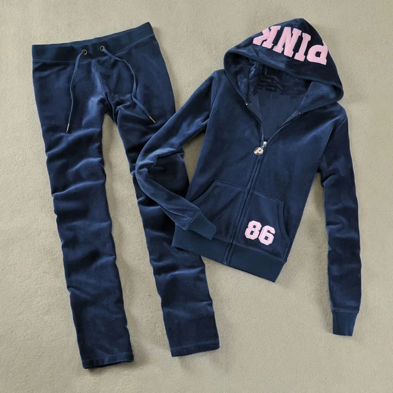 

HOUZHOU Y2k Velvet Tracksuit Women Pink Letter Patch Velour Zip Up Hoodie and Pant Sets Sportwear Vintage Training Two Piece Set