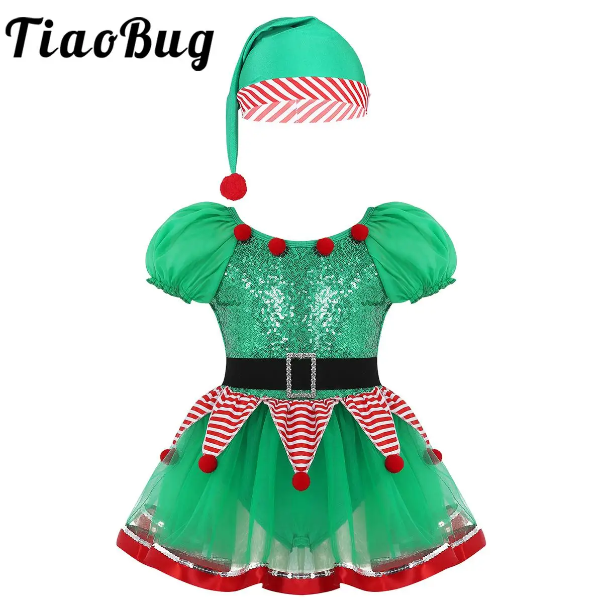 

Kids Girls Elf Christmas Fairy Spirit Costume Sequined Striped Mesh Tutu Leotard Dress Carnival Theme Party Cosplay Dancewear