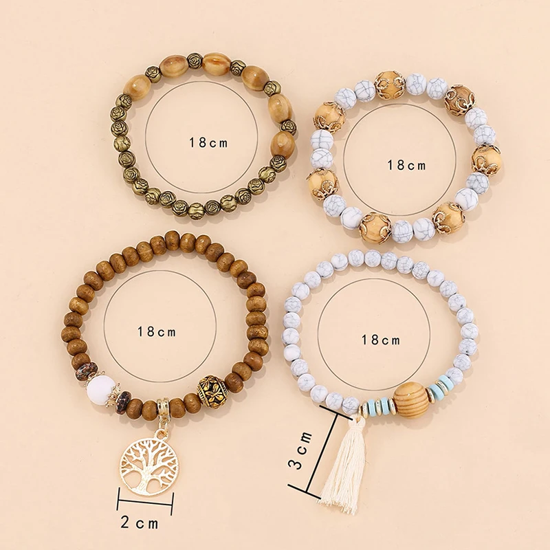 4 pezzi/set Boho braccialetti di perline di legno set per le donne albero della vita nappe bianche ciondolo catena elastica braccialetto signora Bohemia gioielli_voghion.com