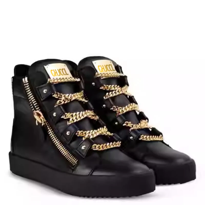 High Top Metal Chain Fashion Flat Casual Sneakers Zipper Luxury