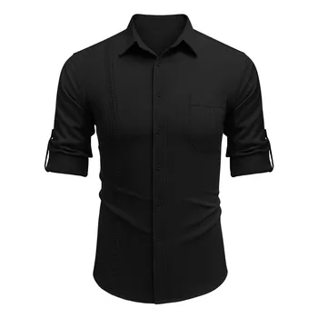Men's Solid Color Casual Shirts Black White Solid Color Slim Party Blouse Tops High Quality Long Sleeve Business Socail Camisa 2