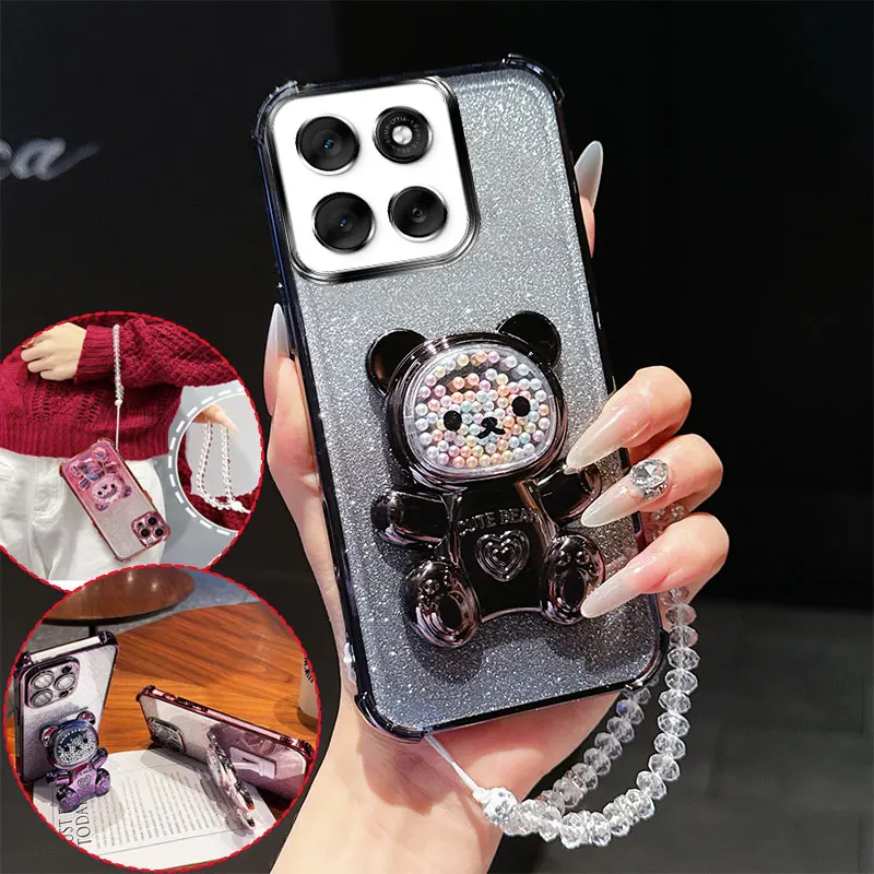 Shockproof Phone Case with 3D Bear Stand and Crystal Chain Lanyard - Transparent and Stylish Design