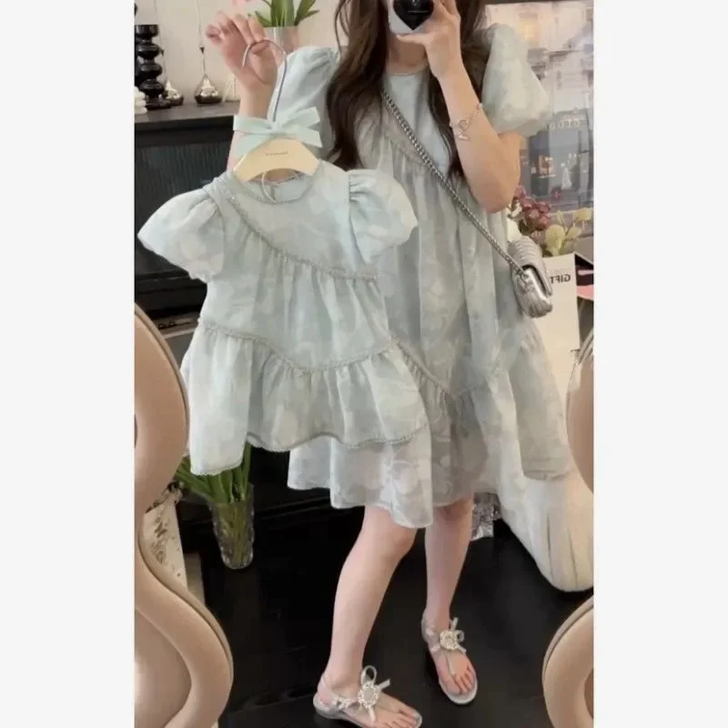 엄마와 딸 드레스, 단색 가족 매칭 옷, 미라 소녀 공주 원피스, 우아한 여성 의류, 여름 