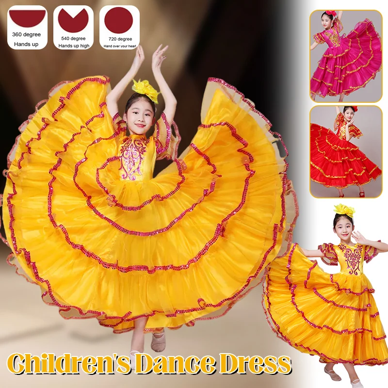 

Kids Spanish Flamenco Dance Dress Girls Gypsy Waltz Modern Dance Large Swing Skirt Carnival Stage Opening Performance Costume