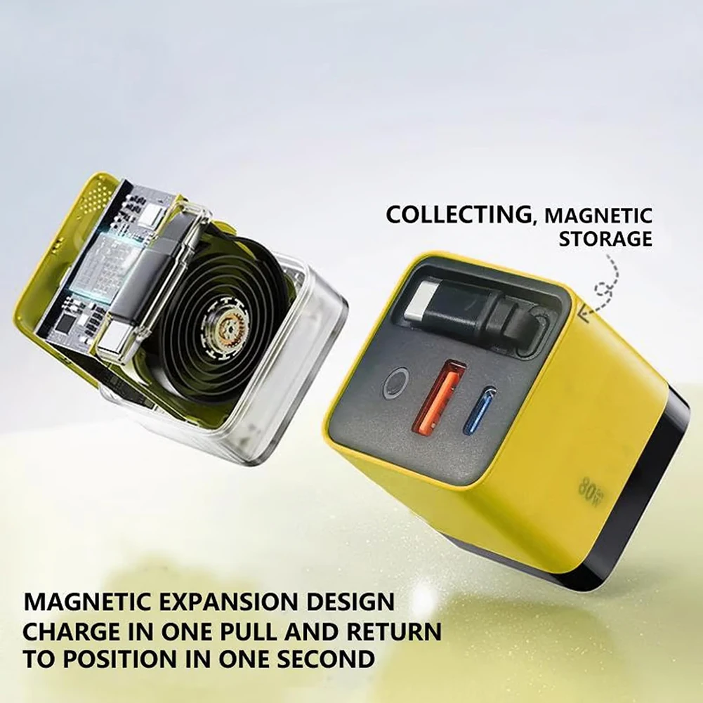 3 in 1 Fast Charger Block GaN Charger Retractable Phone Wall Plug GaN Phone Charger with Type-C Cable and 2 USB Ports for Phone