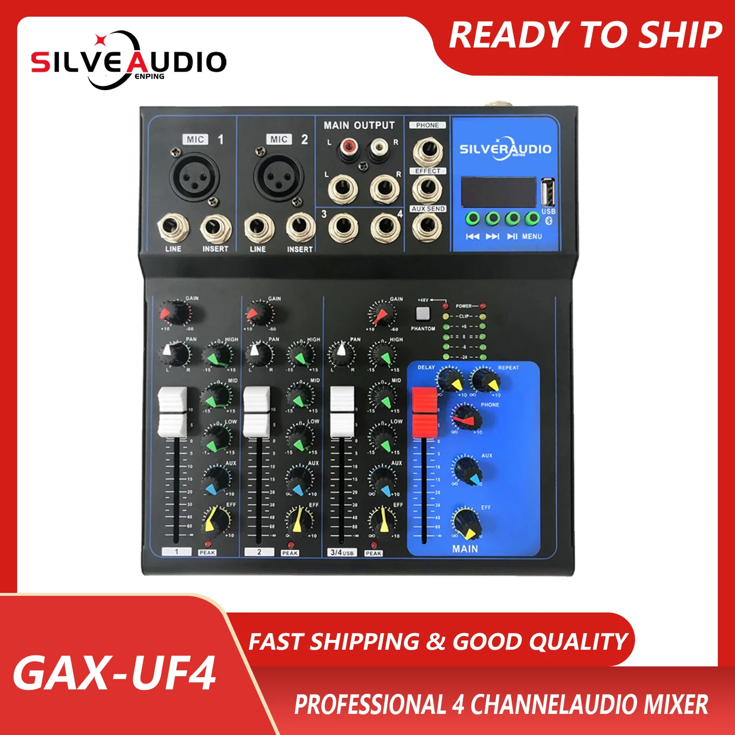 GAX-UF4 프로페셔널 4채널 미니 믹서 USB BT 포함, 가정용 노래방 및 소규모 무대 공연 및 콘서트에 적합