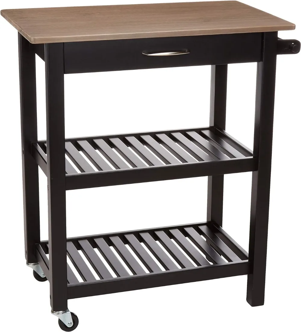 

2 Shelves Kitchen Island Cart with Storage Solid Wood Top and Wheels, 35.4 X 18 X 36.5 Inches, Gray-wash and Black