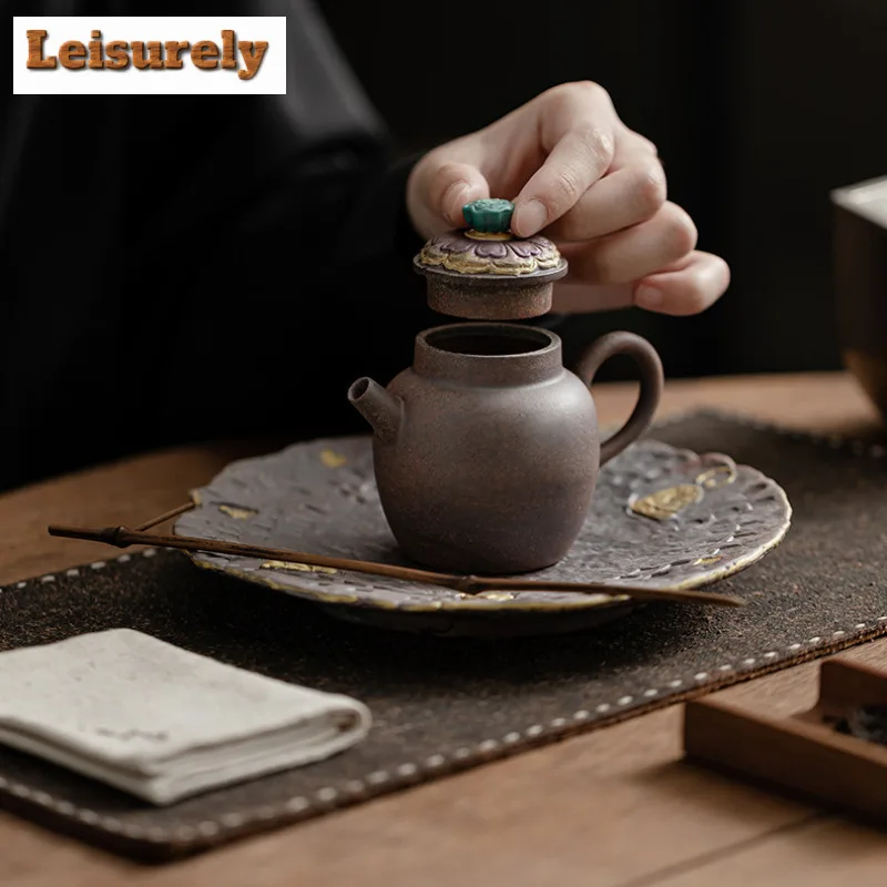 120ML Zen Coloful Lotus Old Rock Mud Teapot Handamde Coarse Pottery Pot Tea Maker Kettle Oolong Tea Cha Equipment Ornaments Gift