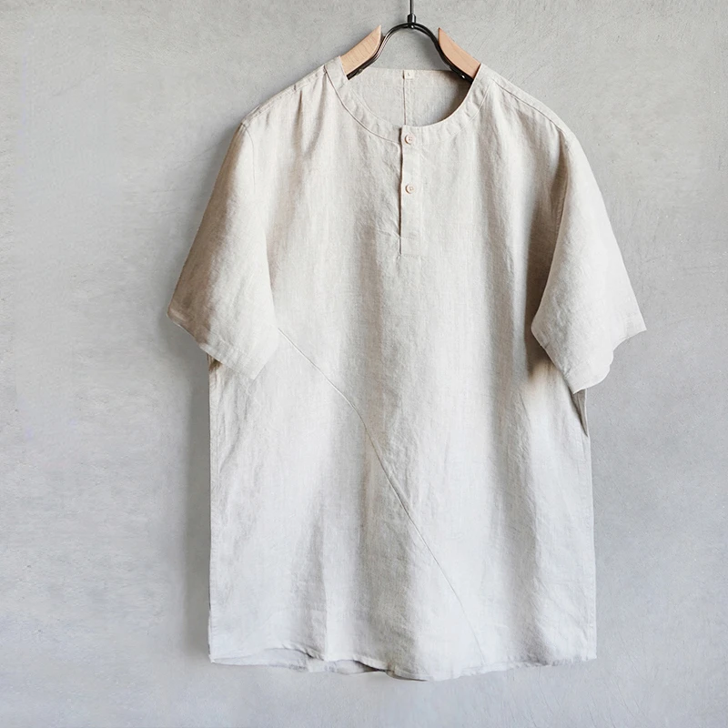Chinese Style Linen Cotton Short Sleeve Shirt for Men Summer Round Neck Casual Loose-fit Breathable Lightweight Top