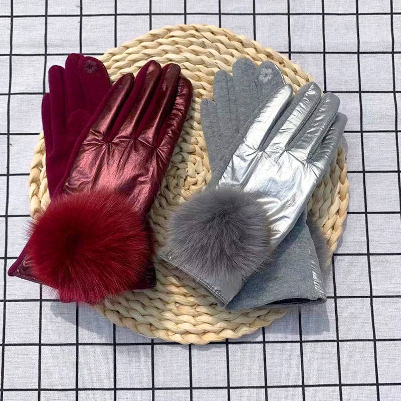 

New Glossy Windproof Gloves Winter Women's Bicycle Driving Warm Gloves Touch Screen Cold Resistant Girls' Gloves Christmas Gift