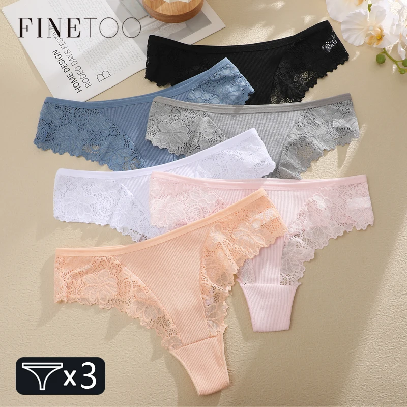 

FINETOO 3Pcs Women's Solid Ribbed Floral Lace Thongs Sexy Comfy Breathable Stretchy G-String Panties Fashion Soft Intimates S-XL