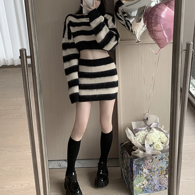 Autumn Striped Two-piece Skirt Set Women Long Sleeve Cropped Off Shoulder Top Bodycon Mini Skirt Korean Fashion Suits New