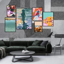 

Bright kids beach art multicolour, colourful contemporary abstract graphic, printable retro beach poster