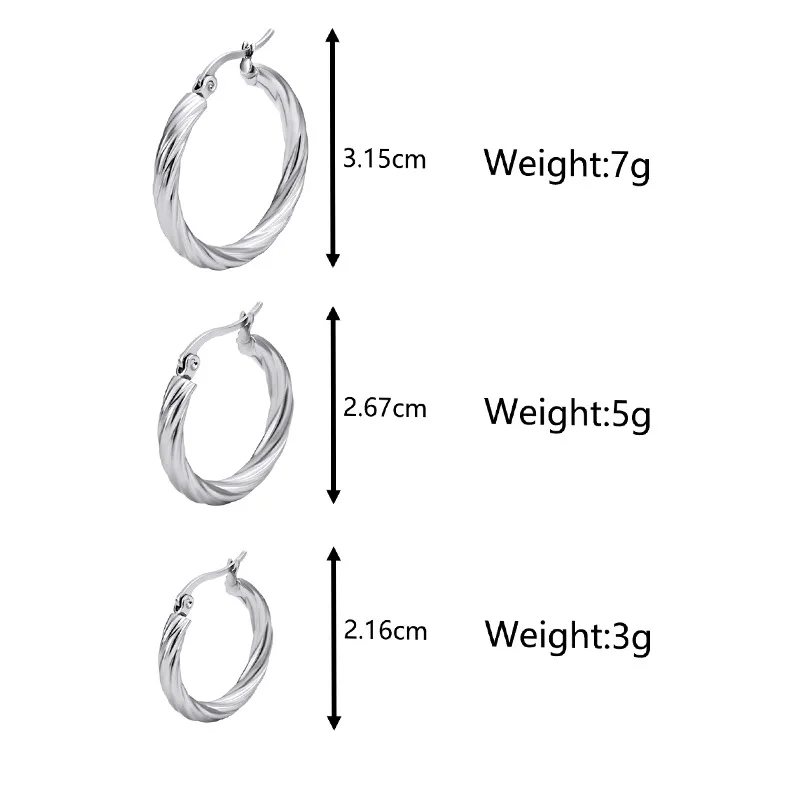 3pair/set Vintage Stainless Steel Circle Round Gold Plated Hoop Earrings for Women Twist Thick Huggie Ear Hoops Wed Jewelry Gift