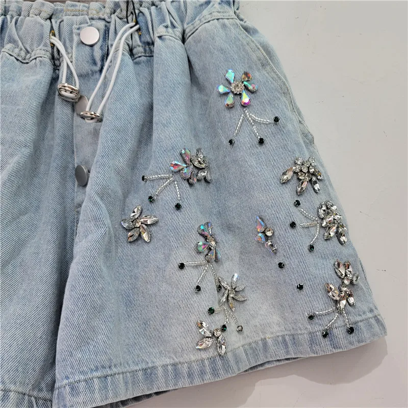 2023 Summer New Wide-Leg Denim Shorts for Women Heavy Industry Multicolored Beads Flower Diamond High Waist Shorts Female