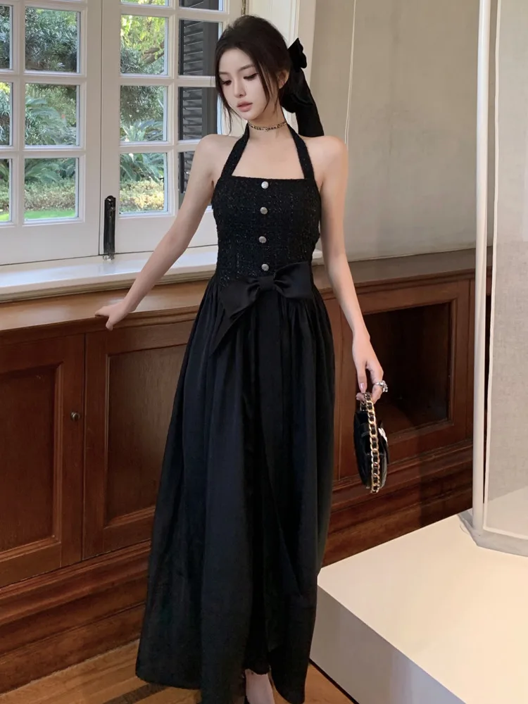 

Small Fragrance Ladies Sexy Backless Hanging Neck Long Dresses For Women 2024 Spring Summer Bow Party Dress Vestidos Femenino