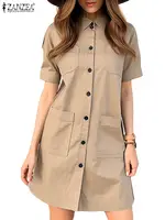 ZANZEA Elegant Women Knee-length Dress Short Sleeve 2024 Summer Button Up Work Vestido Fashion Turn-Down Collar Cargo Shirtdress - Image 4
