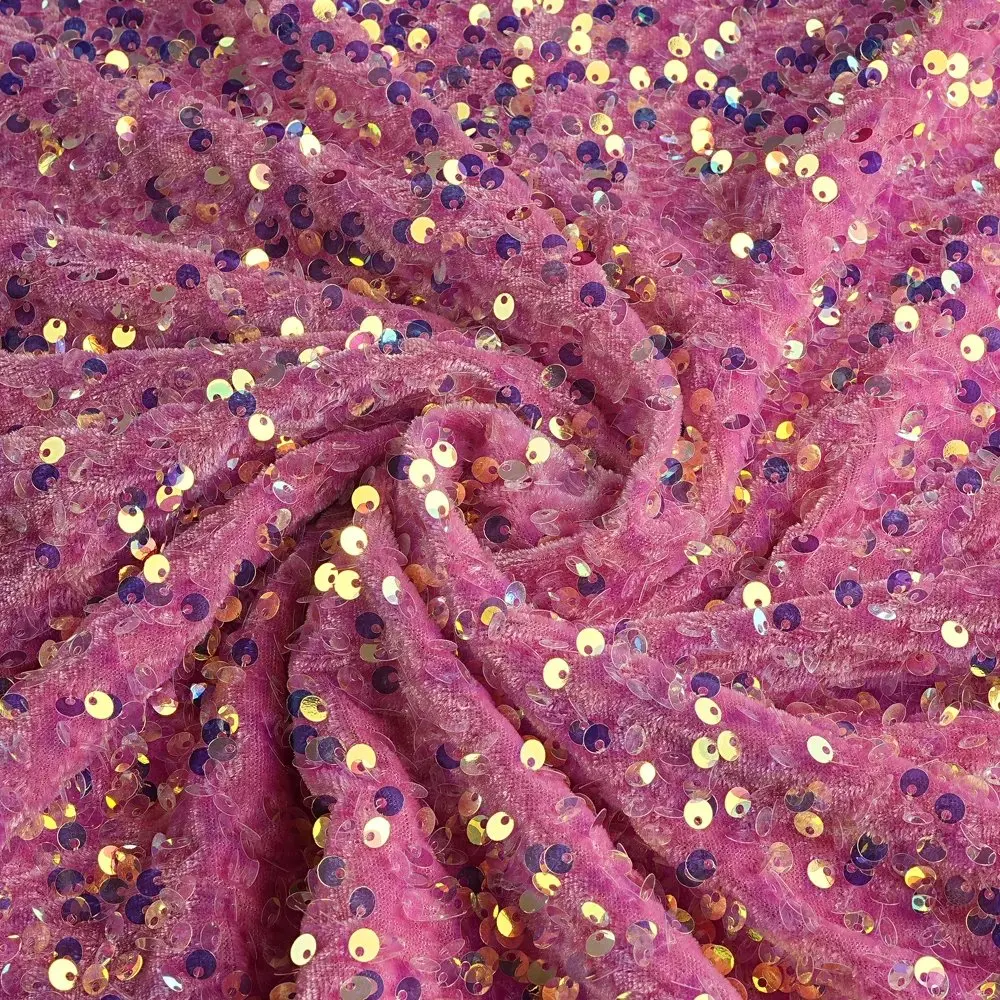 Vibrant Orange Pink Stretch Velvet Sequin Fabric for Apparel and Decor Projects