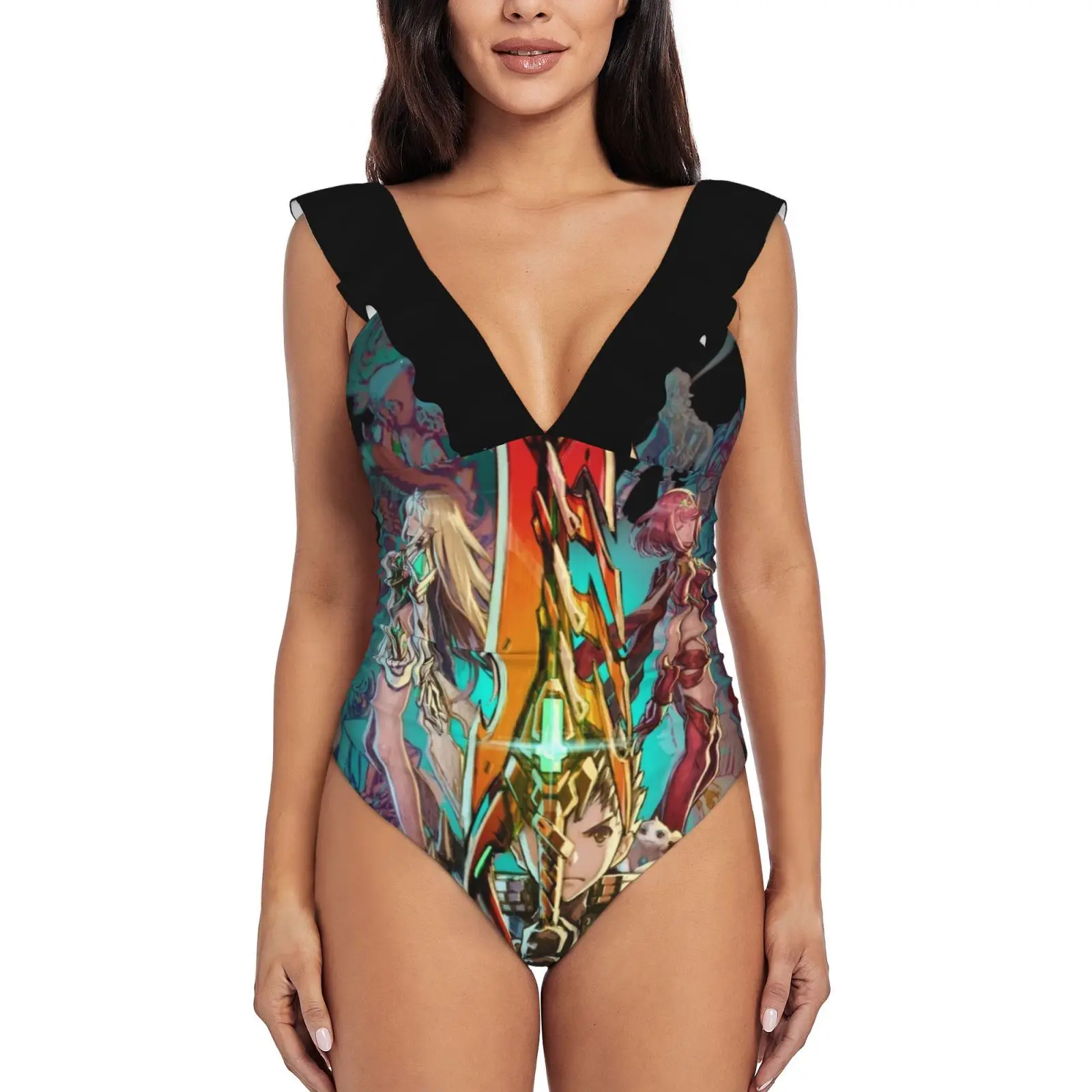 Xenoblade Chronicles™2-Team New Print Swimwear Deep-V Ruffle Costume Intero Costume Da Bagno Beach Wear Monokini Xenoblade
