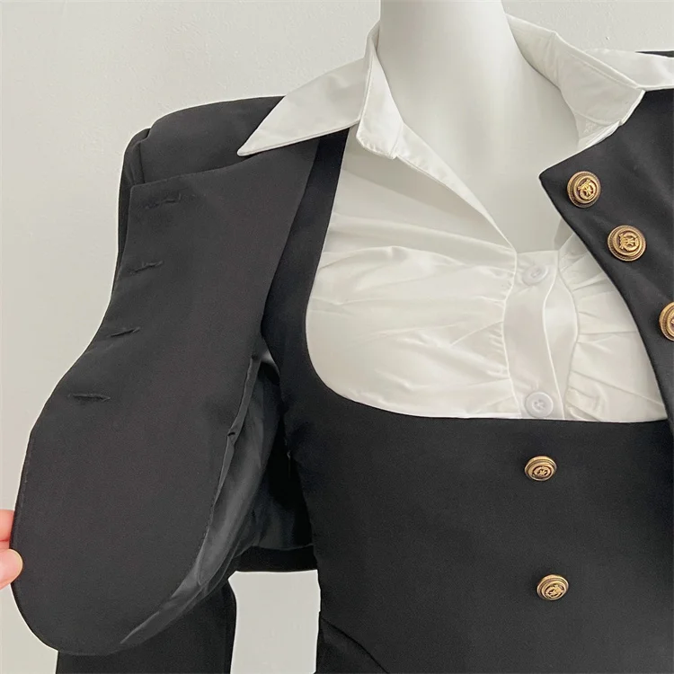 Y2K 3-piece Set Women Crop Coat Blazer White Shirt Halter Sleeveless Bodycon Midi Dress Autumn New Female Korean Chic Outfits