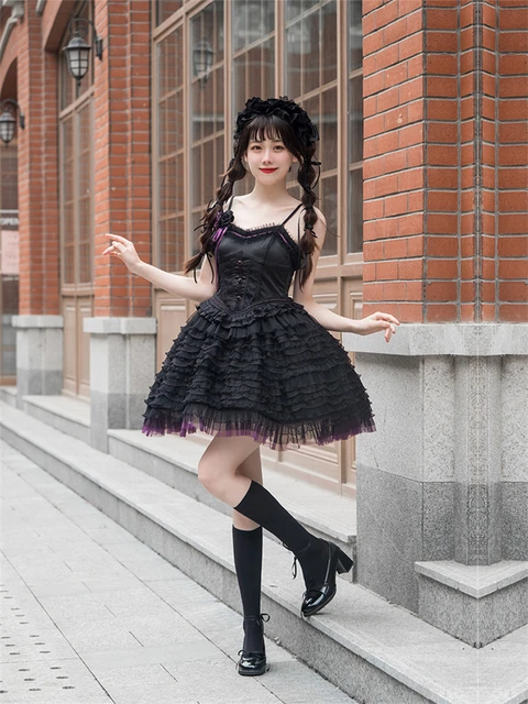 Lolita JSK-Robe de ballerine en dentelle noire pour femme, robe à  bretelles, broche rose, robe de danse bouffante vintage, été - AliExpress